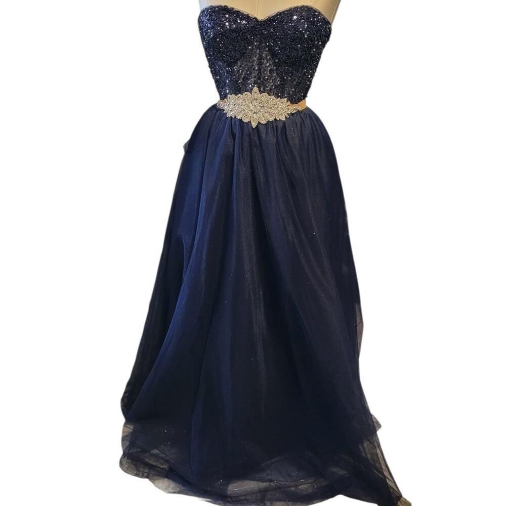 Jules & Cleo Floral Encrusted Bodice Strapless Ball Gown - Navy / 6